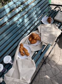 High angle view of breakfast on table