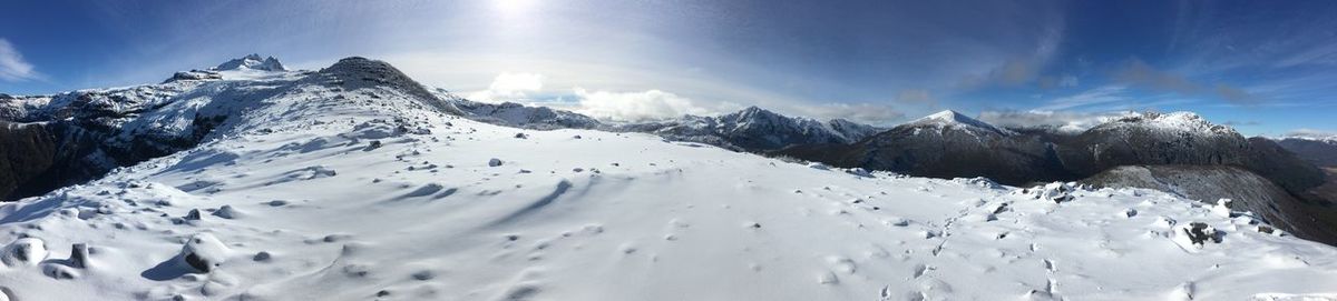 Panoramic view of snowcapped mountains against sky