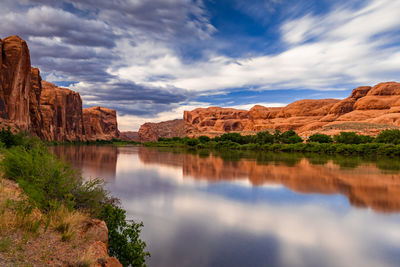 Scenic view of lake and rock formations against sky