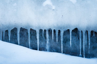 A beautiful hanging icicles of salt water on the coast of baltic sea. ice in the beach at winter. 