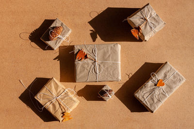 High angle view of christmas presents on table