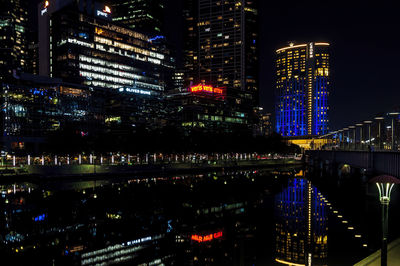 Illuminated modern buildings in city at night