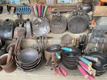 High angle view of work tools on table