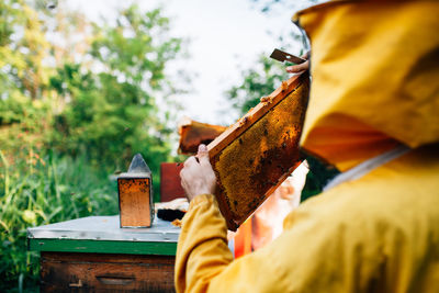 Close-up of man holding beehive against plants