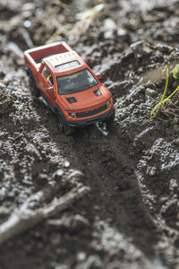 High angle view of toy car on ground