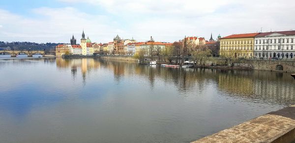 Buildings by river against sky in city