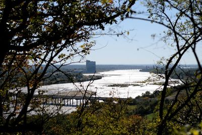 View of suspension bridge over sea