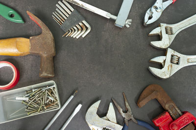 High angle view of work tools on table