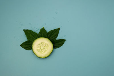 Green cucumber circles and mint leaves on a light blue background.