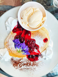 High angle view of dessert in plate on table