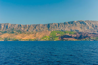 Scenic view of sea against clear blue sky