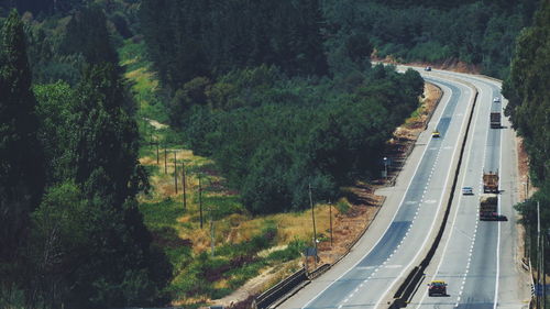 High angle view of vehicles on road amidst trees in forest