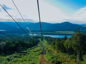 Scenic view of overhead cable car against sky