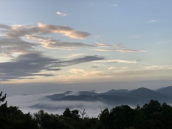 Scenic view of silhouette mountains against sky at sunset