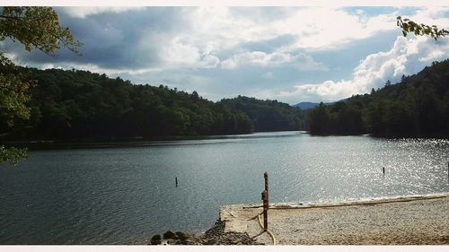 Scenic view of lake against cloudy sky