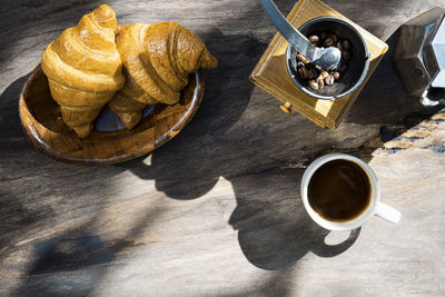 High angle view of breakfast on table