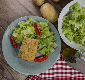 High angle view of food in plate on table