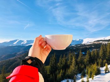 Cropped hand of person holding mug against sky during winter