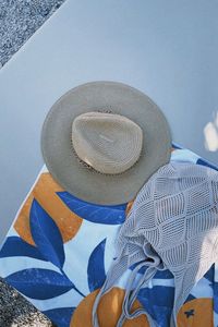 High angle view of hat on table