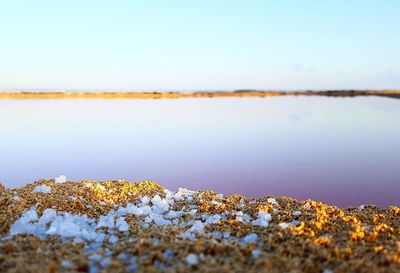 Close-up of water in lake against sky