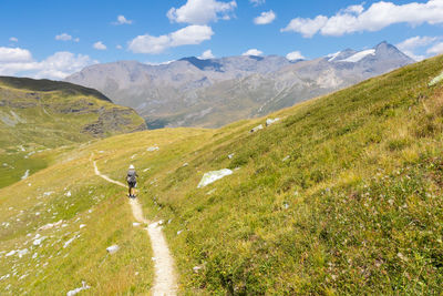 Trail with a hiker in the vanoise national park in the alps in savoie in france