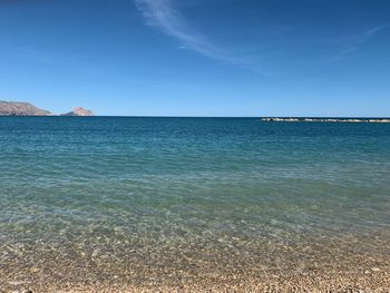 Scenic view of sea against clear blue sky