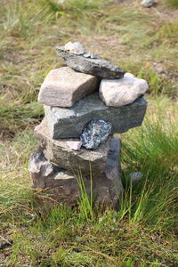 Stack of rocks on grass