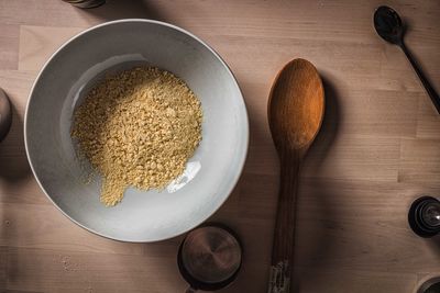 High angle view of bread in bowl on table