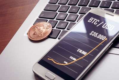 High angle view of laptop on table