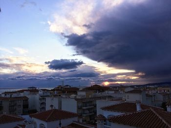 High angle view of townscape against sky at sunset