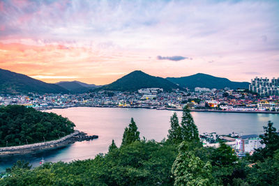 Scenic view of bay against sky at sunset
