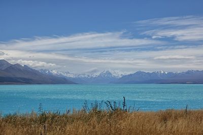 Scenic view of lake and mountains against sky