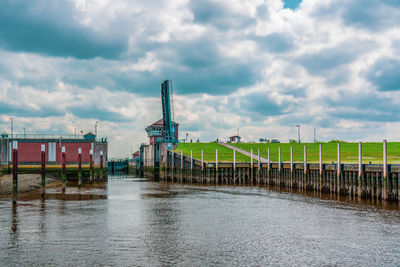 Coastal protection structure, lock and barrage leysiel near greetsiel, germany.