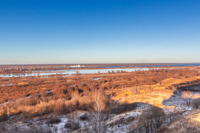 Scenic view of sea against clear blue sky