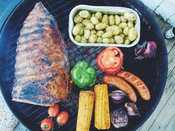 High angle view of food on barbecue