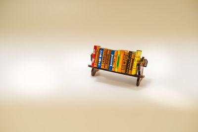 Close-up of toy car against white background