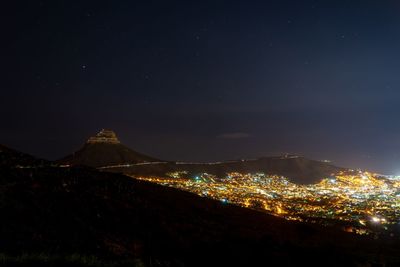 Illuminated buildings in city against sky at night
