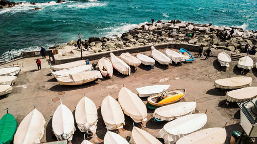 High angle view of moored boats