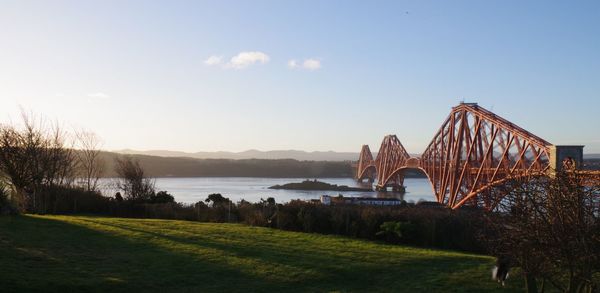 View of suspension bridge over river