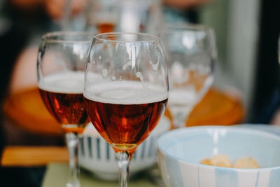 Close-up of beer in glass on table