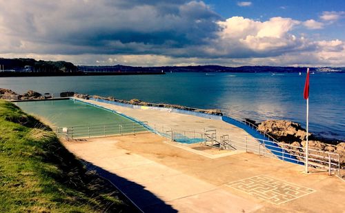 High angle view of swimming pool by sea against sky