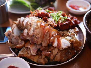 High angle view of food in plate