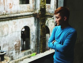 High angle view of young man looking away