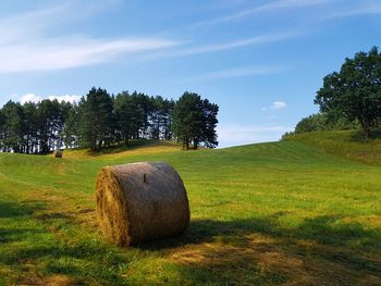 Hay bales on field against sky