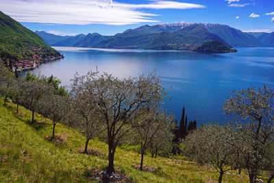 Scenic view of lake by mountains against sky