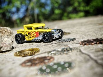 Close-up of toy car on road