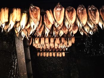 Close-up of clothes hanging in row