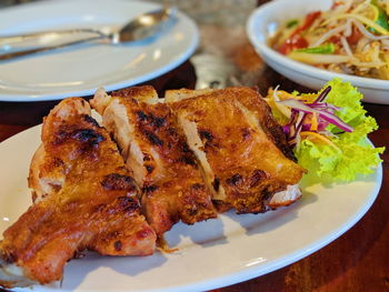 High angle view of food in plate on table