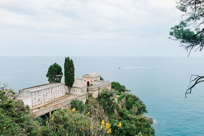 High angle view of plants by sea against sky