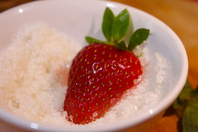 Close-up of strawberry slices in bowl